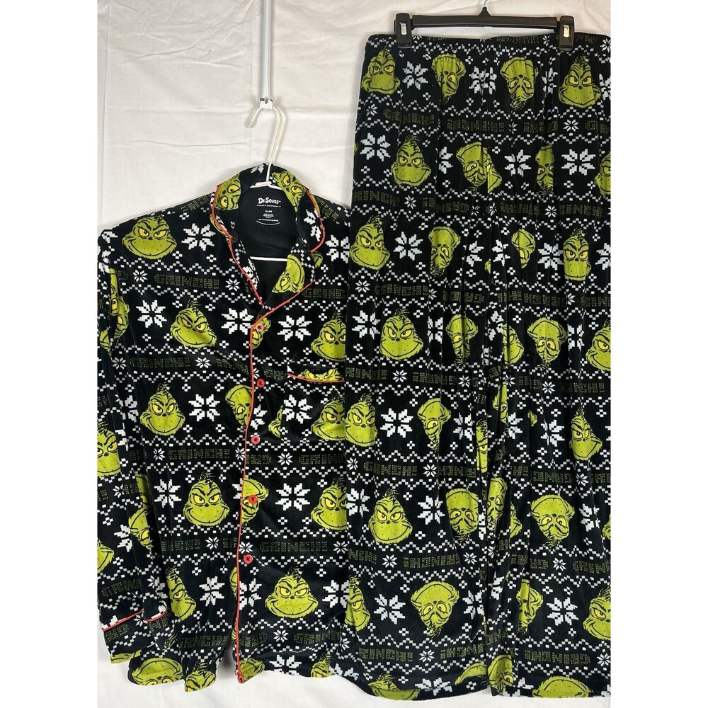 Dr. Seuss Grinch Pajamas Button Shirt & Elastic Pants Set Fleece Black Men’s XL